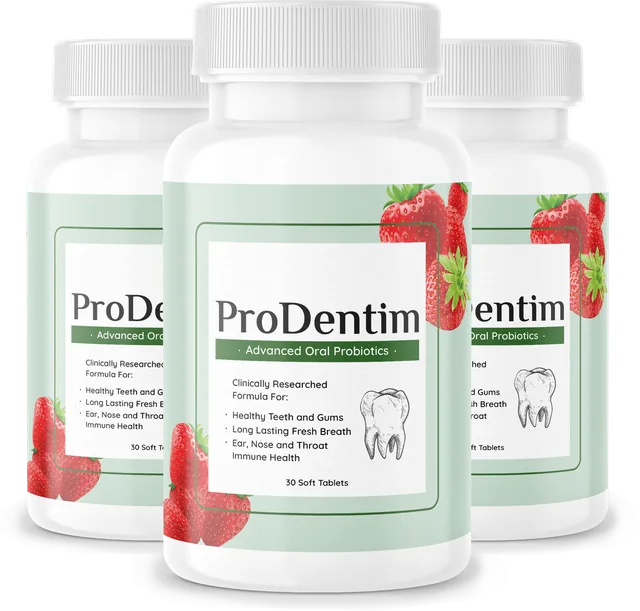 Three ProDentim bottles showing the front label, Advanced Oral Probiotics, 30 soft tablets