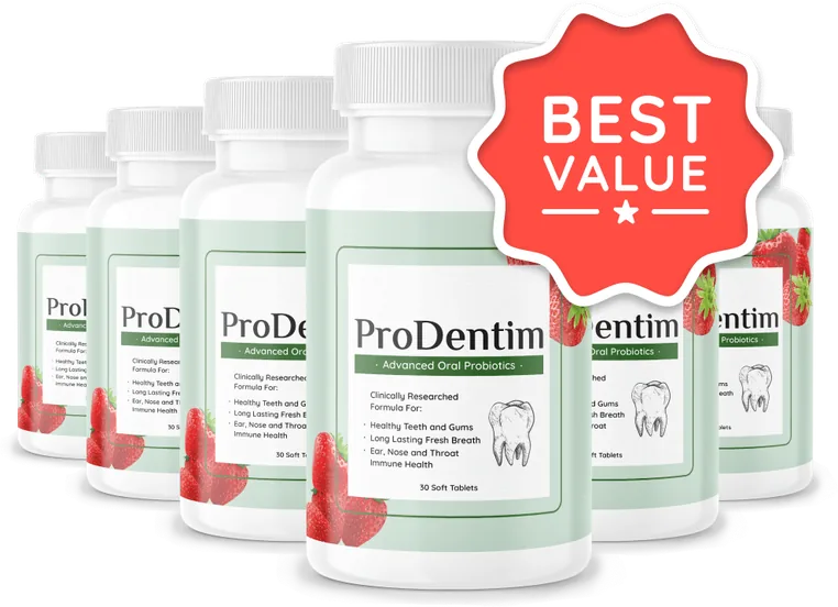 Six ProDentim bottles with a best value badge, the 6-bottle package
