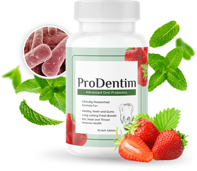 ProDentim bottle of 30 soft chewable tablets, shown with strawberries and fresh mint