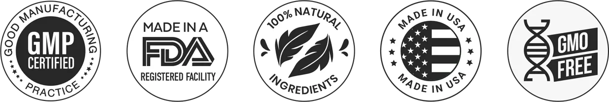 Seller seals: GMP certified, made in an FDA registered facility, 100% natural, made in USA, GMO free
